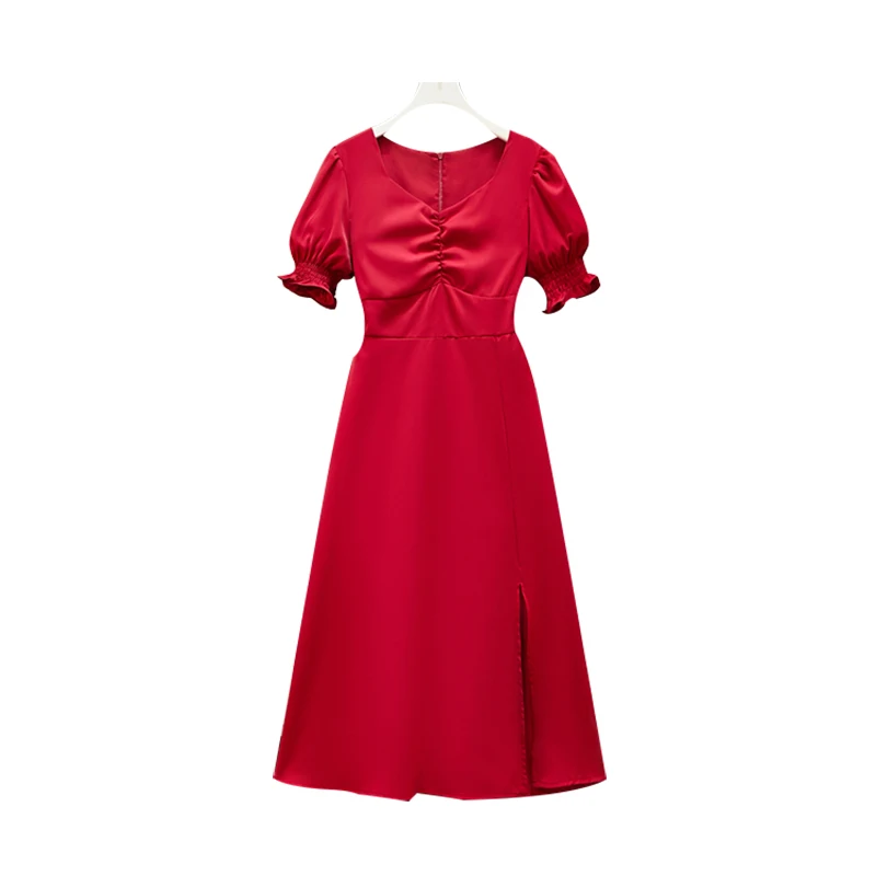 

EHQAXIN 2021 Summer Women's Fashion Temperament Square Neck Split Long Dress Casual Pure Color Zipper Long Skirt L-4XL