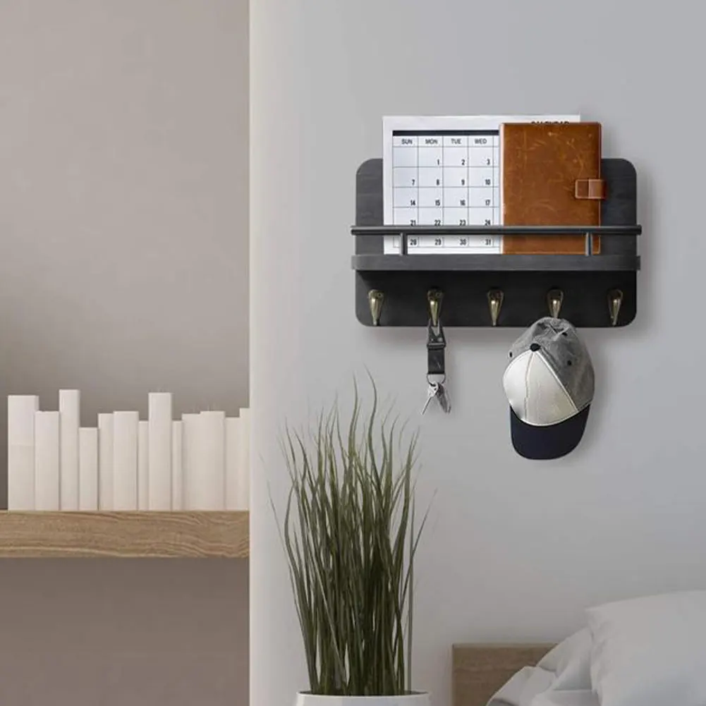 

30cm Door Hanging Hook Wooden Decorative Wall Mount Entryway Mail Hanger Multifunction Holder With 5 Key Hooks Wall Shelf Black