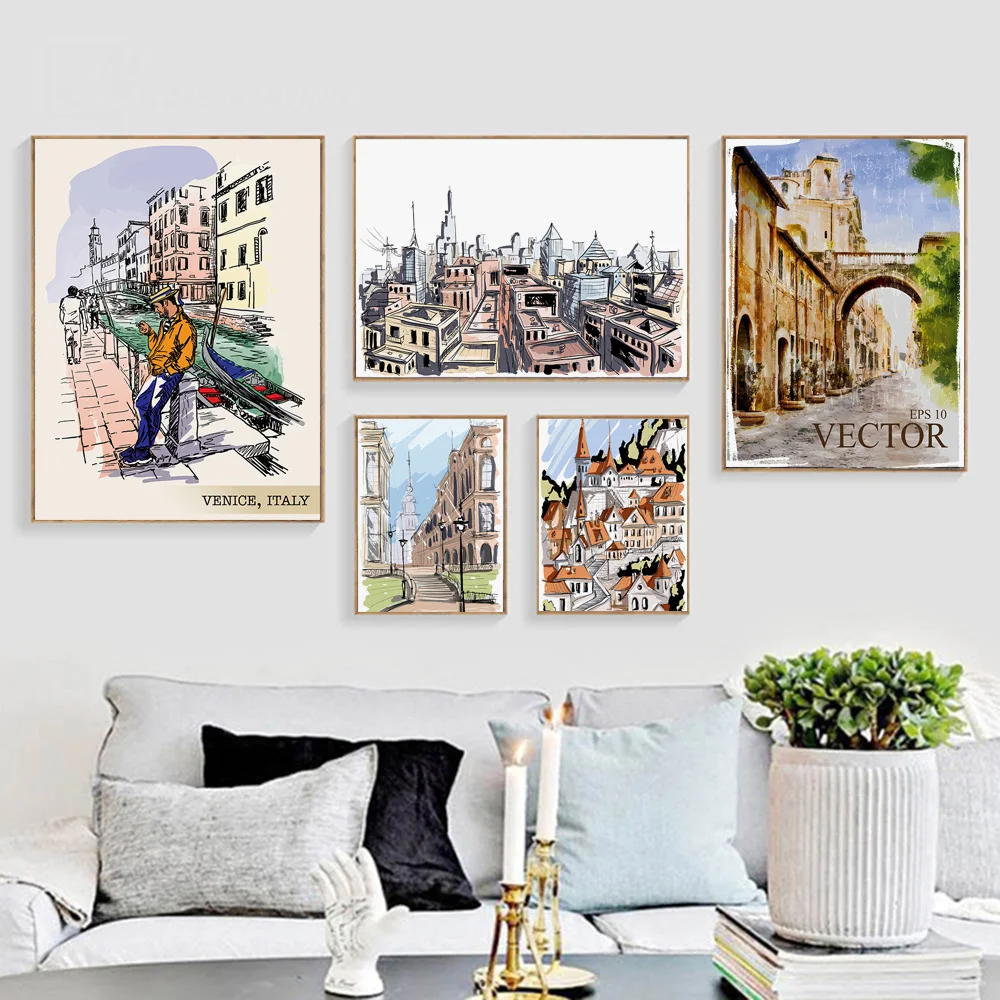 Акварельный строительный город искусство холст живопись скандинавские плакаты