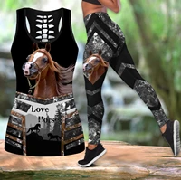beautiful love horse 3d all over printed hollow tank top leggings set fitness female full length leggings running pants ddk65