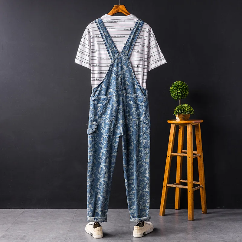 Man Bib Overalls Suspender Pants Retro Printing Jeans Loose Large Size Hip Hop Street Dance Jumpsuits Leisure Denim Trousers