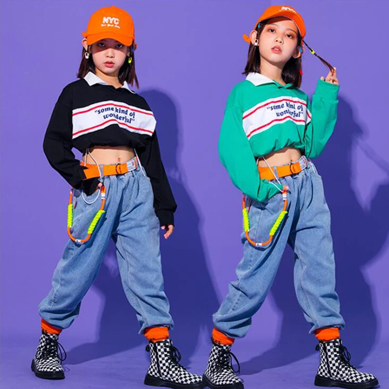 

Kid Festival Hip Hop dancing Outfits Green Sweatshirt Crop Tops Jogger Pants for Girls Dance Costumes Street Clothes wear