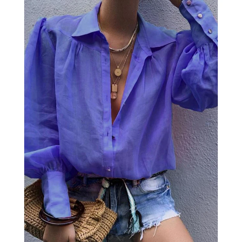 Повседневная свободная кнопка фонарь рукав женские топы элегантные офисные