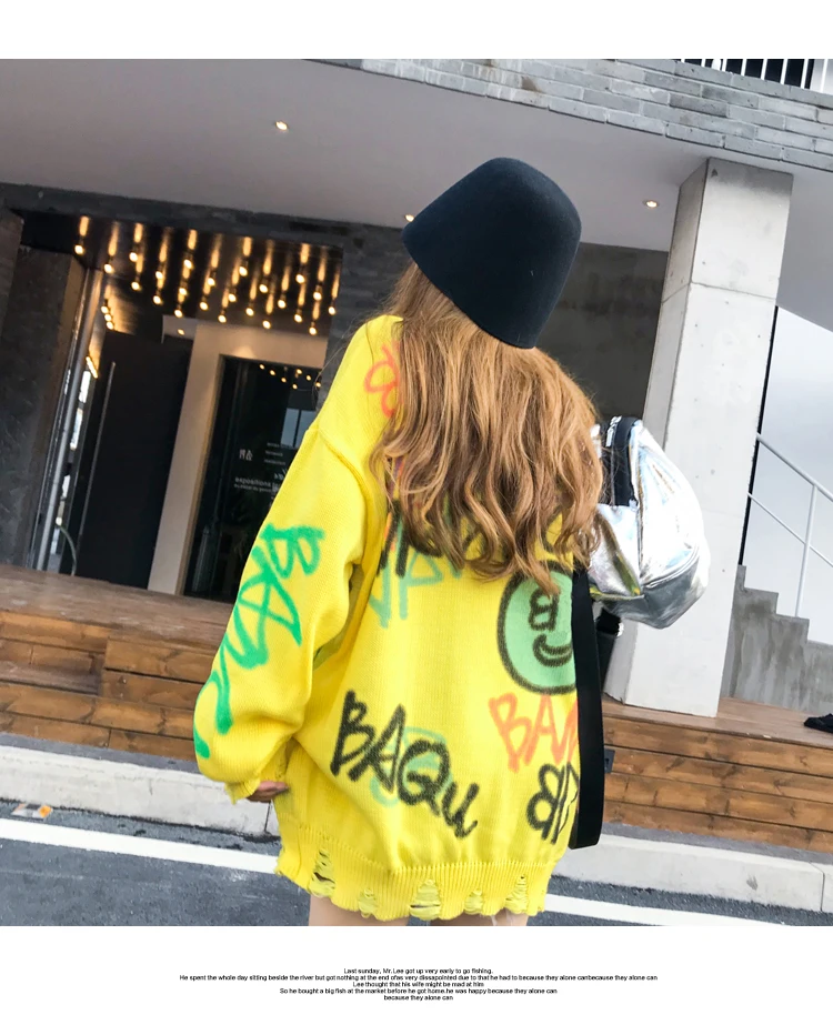 YOKO свитер женский Осень Зима Новая мода свободная Корейская версия ручная роспись граффити ленивый стиль свитер размера плюс платье