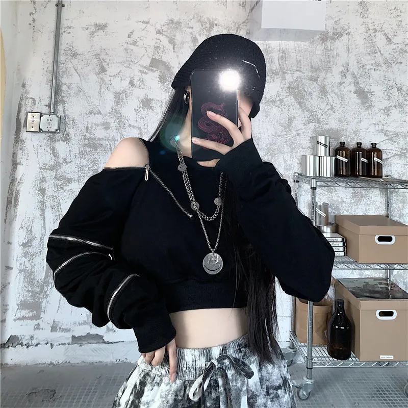 

Harajuku Short Sweatshirts Women Autumn More Zipper Design Crop Tops Black White Sexy Off Shoulder Disco Long Sleeve Pullovers