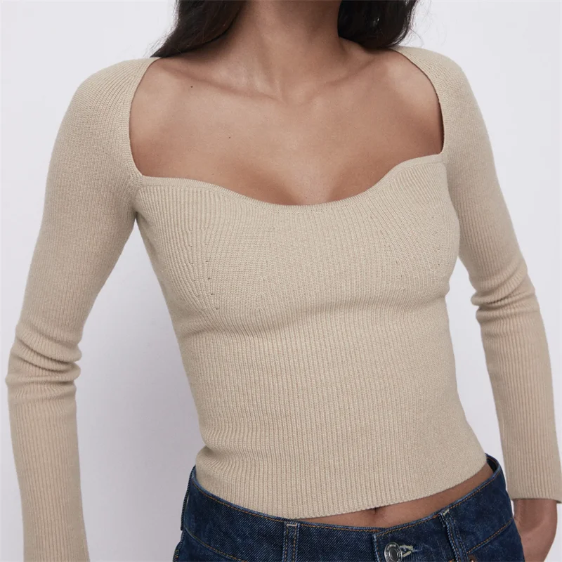 

TRAF Women 2021 Fashion Stretch Slim Cropped Knitted Sweater Vintage Heart-shaped Collar Long Sleeve Female Pullovers Streetwear