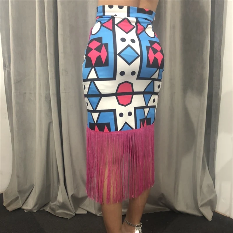 Юбка с высокой талией принтом и кисточками нестандартная африканская бахрома