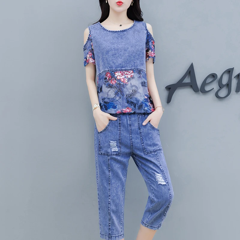 Женский джинсовый комплект из двух предметов синий предметов: Топ и штаны