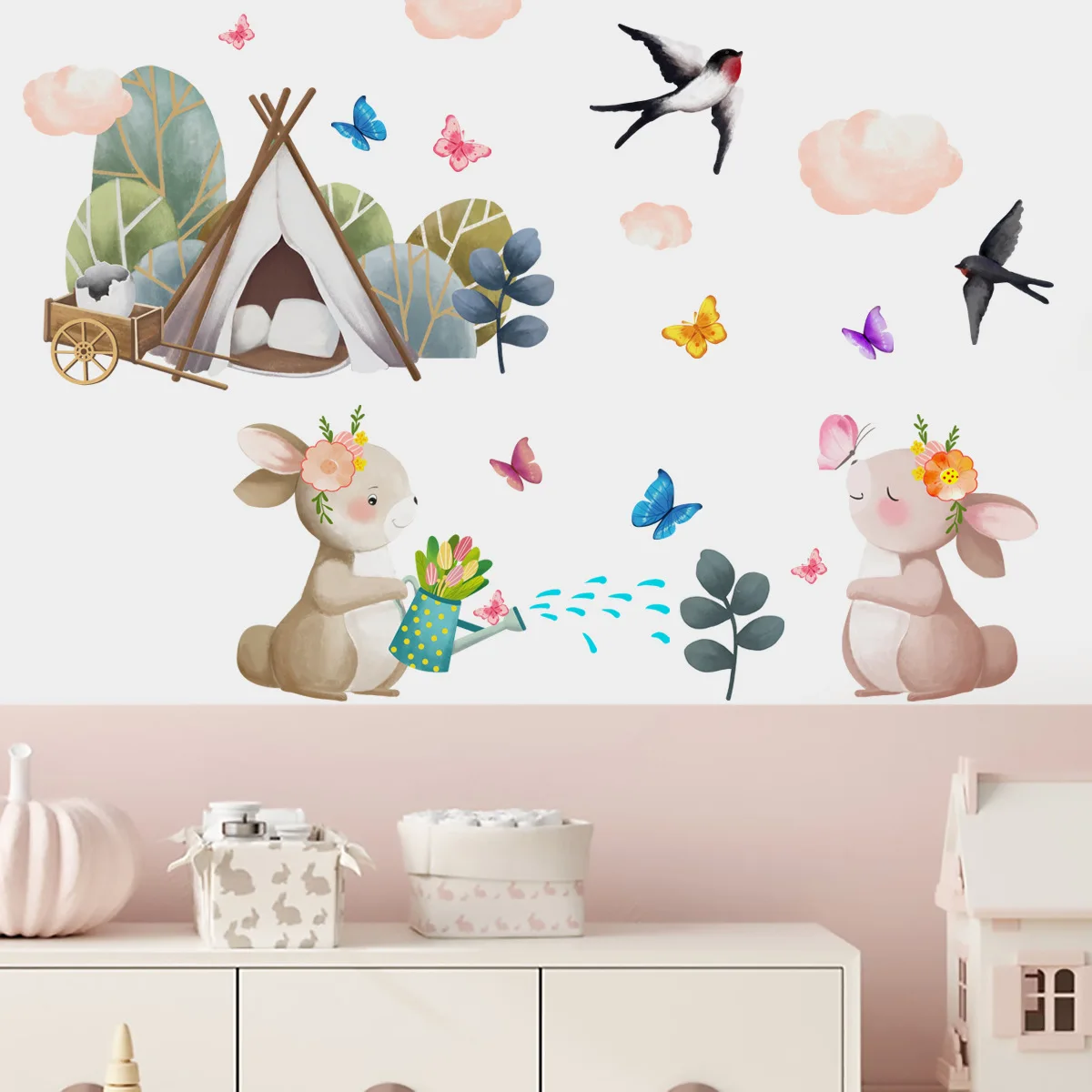 

zollor Cartoon Rabbit Butterfly Art Decoration Wall Stickers Bedroom Living Room Background Wall Decoration PVC Wall Stickers