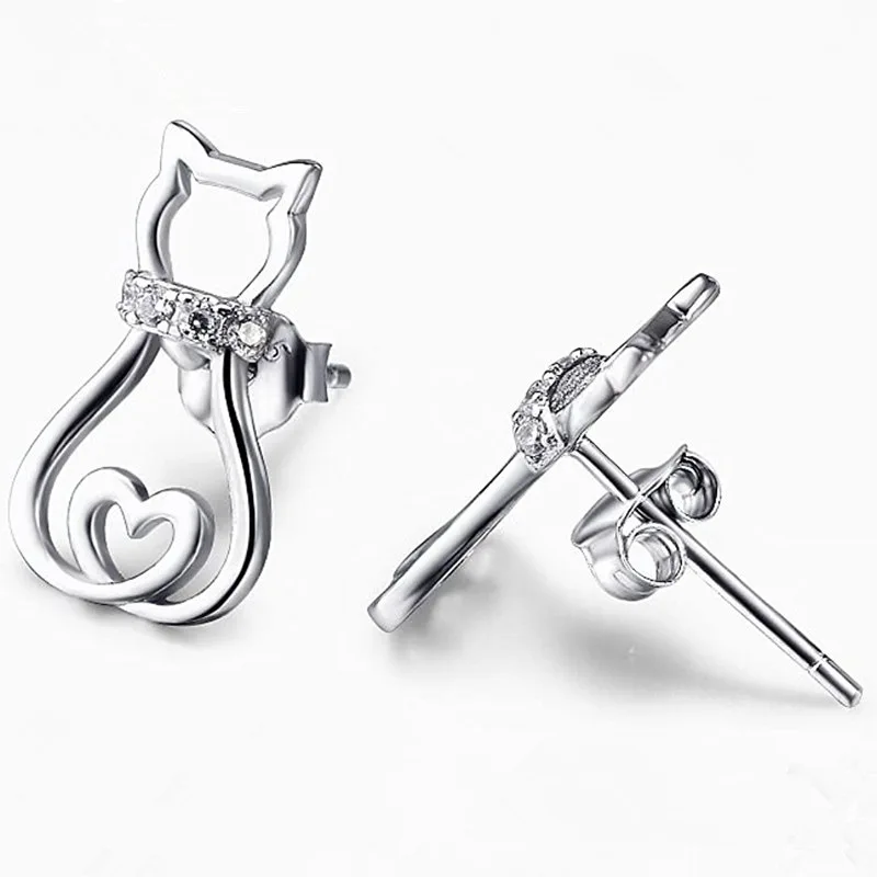 

Cute fashion Korean copper material cat studs earrings for women trendy zircon silver color earrings girl's party jewelry