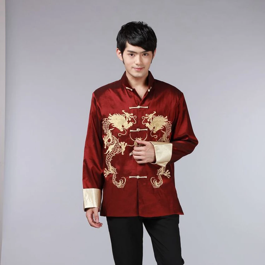 8 Color Chinese Shirt Traditional Chinese Clothing for Men Chinese Top Men Tang Suit Dragon Satin Long Sleeve Costume Retro