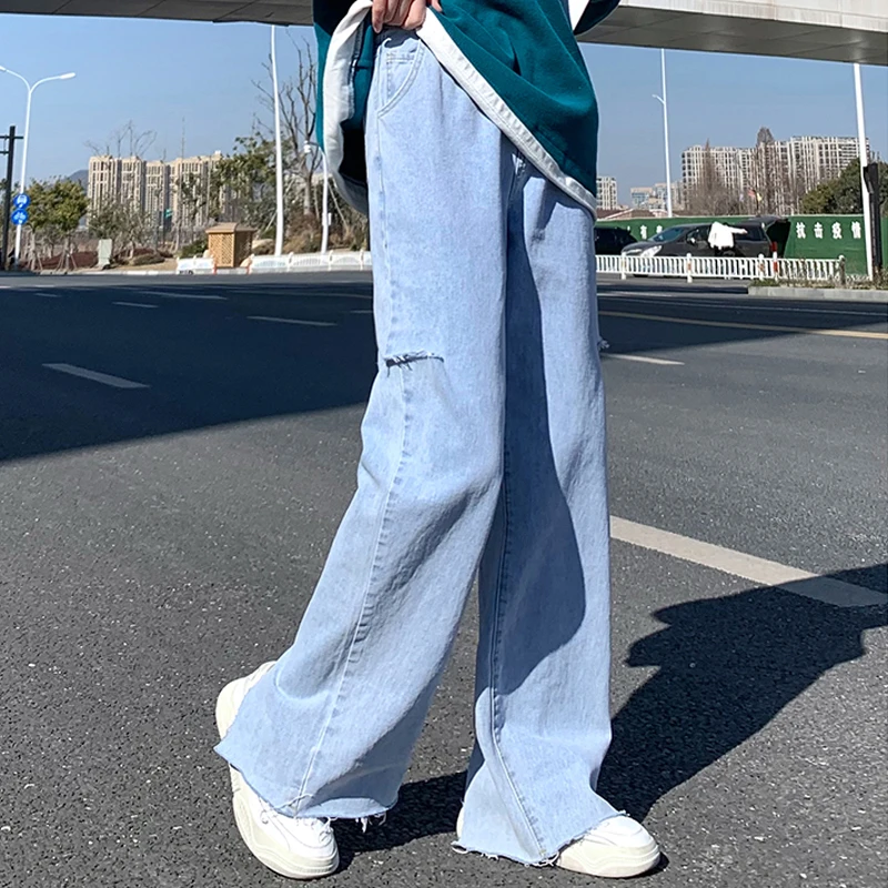 

Spring Summer Women Vintage Korean Plus Size Hollow Out Long Denim Pant Plain All Match High Waist Casual Wide Leg Pants B14205X