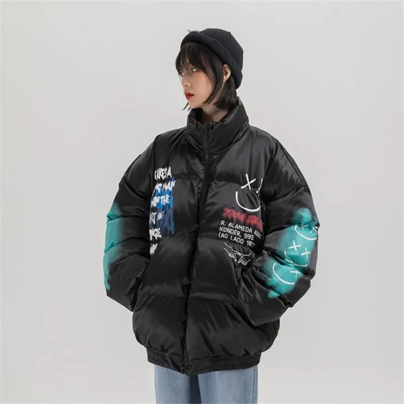 2021 Hip Hop Thick Jacket Parka Happy Graffiti Print Men Windbreaker Streetwear Harajuku Winter Padded Jacket Coat Warm Outwear