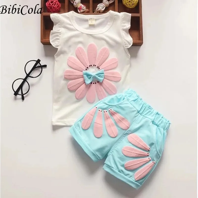 BibiCola fashion toddler children summer baby girls clothing sets lace 2pcs clothes set kids flower tracksuit | Мать и ребенок