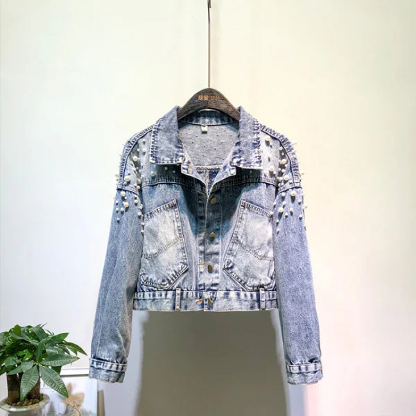 

Spring and autumn new heavy industry Beaded Denim Jacket Women's short loose versatile top
