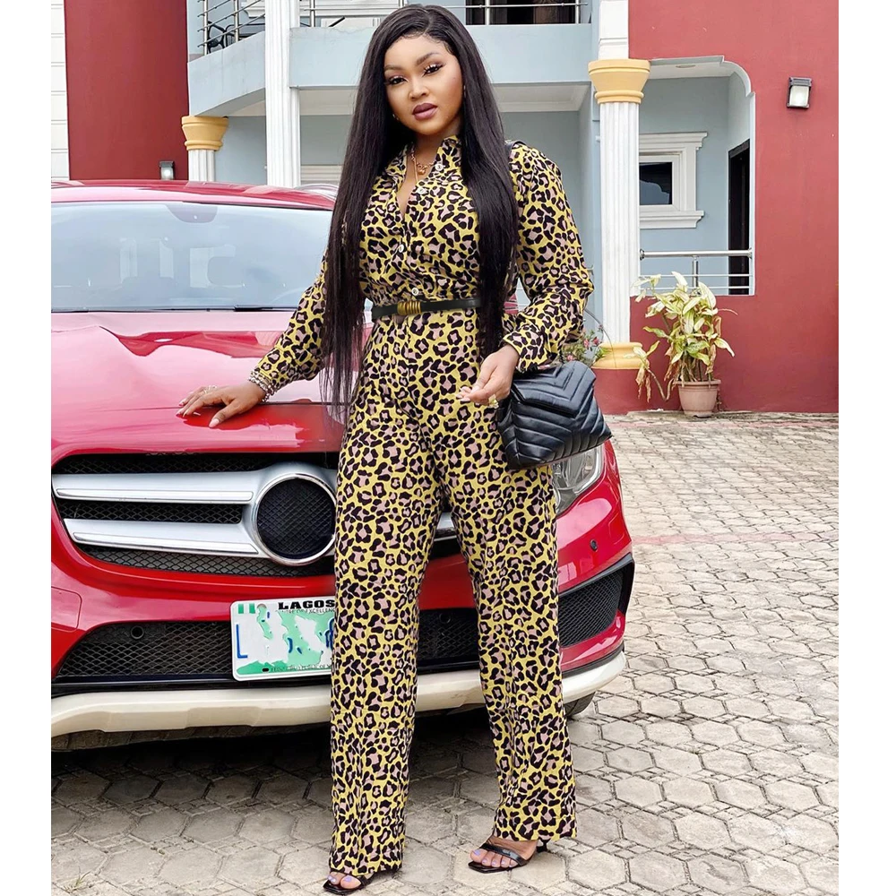 

African Print Leopard Jumpsuits Women Dashiki Clothes Jumpsuit Romper 2021 Spring Fashion Lady Outfits Pants Suit With Belt
