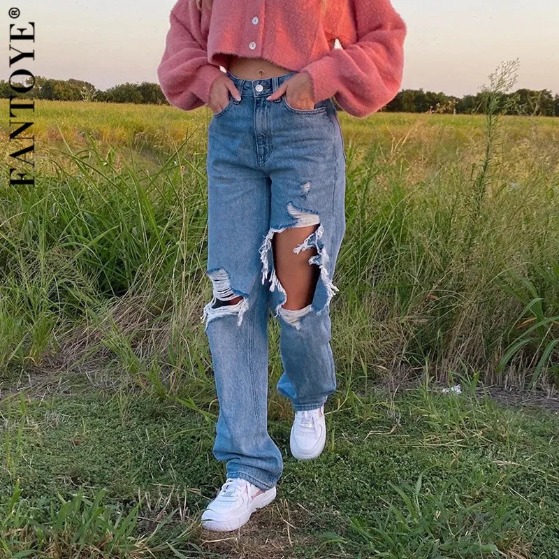 

Женские рваные джинсы FANTOYE, повседневные мешковатые джинсовые брюки с высокой талией, уличная мода 2020