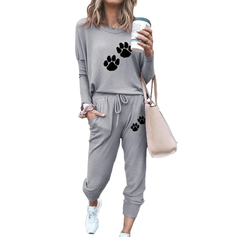 

Autumn Winter Women Tops and Pants Sport Suits Casual Round Neck Tracksuit Fashion Ladies Printed Two Piece Outfits
