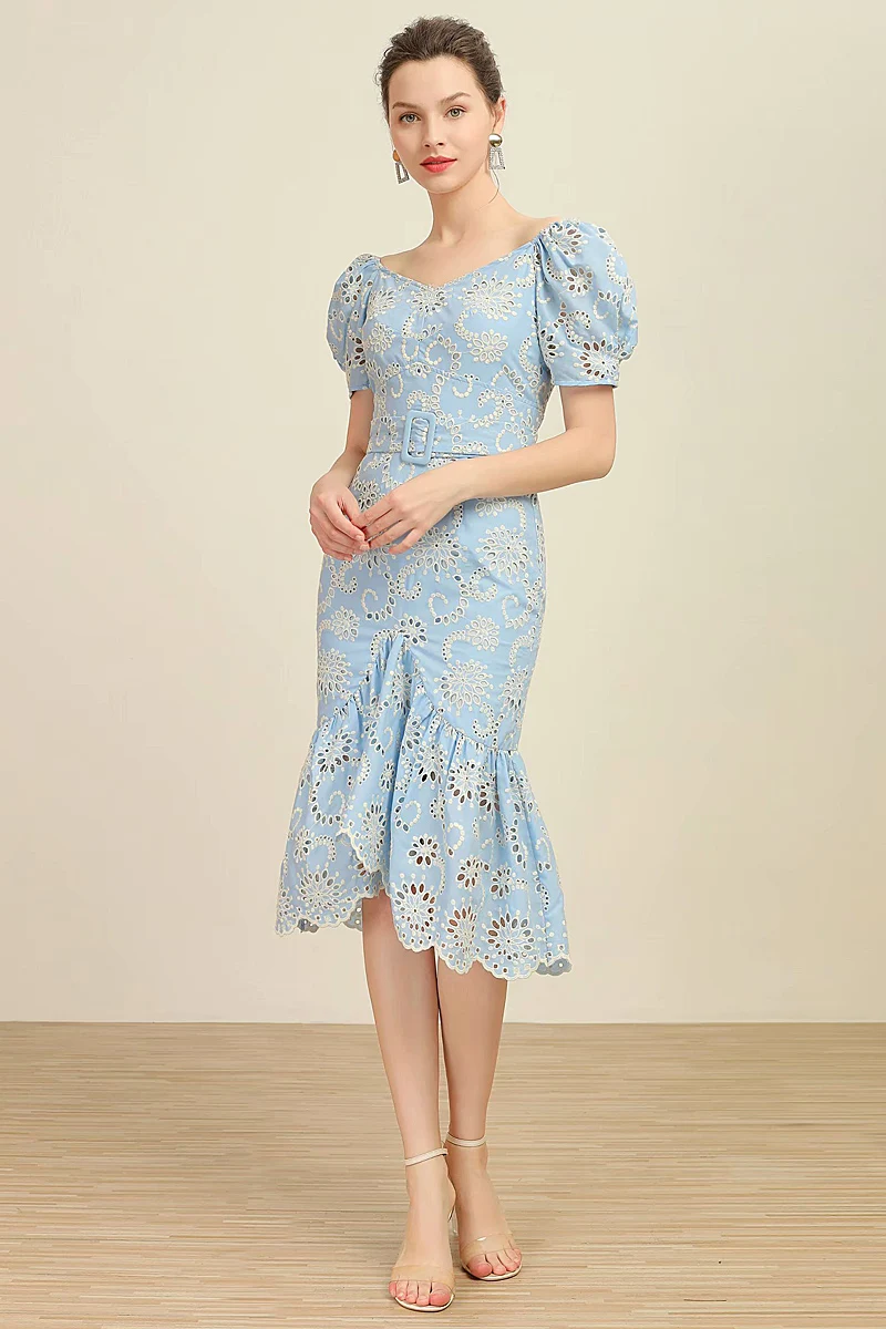 

High Quality Summer Novelty Fashion Slim Fit Women's Dress Elegant Vintage Elegant Water Soluble Openwork Lace