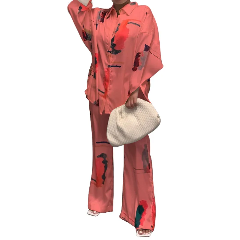 

Printed Casual Women Two Pieces Set Loungewear Long Sleeve Shirt Tops & Wide Leg Pants Set Homewear