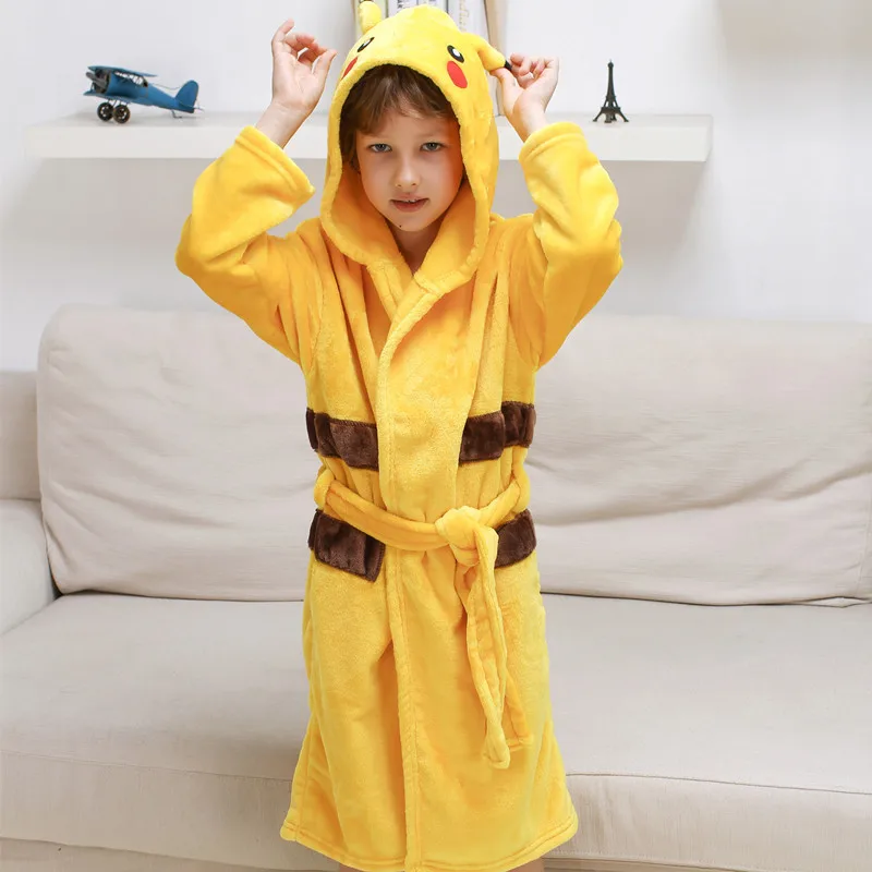 yellow Cartoon Children Bathrobe for Boy Girls Pajamas Flannel Tiger Animal Hooded Bath Robe Baby Kids Home Wear Outfit Roupao Infantil - Color: yellow
