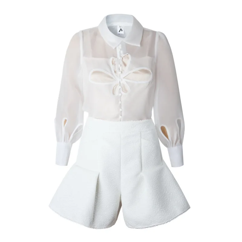 

DEAT 2021 new spring and summer fashion women clothes hollow out lantern sleeves single breasted shirt and skirt set WP84900L