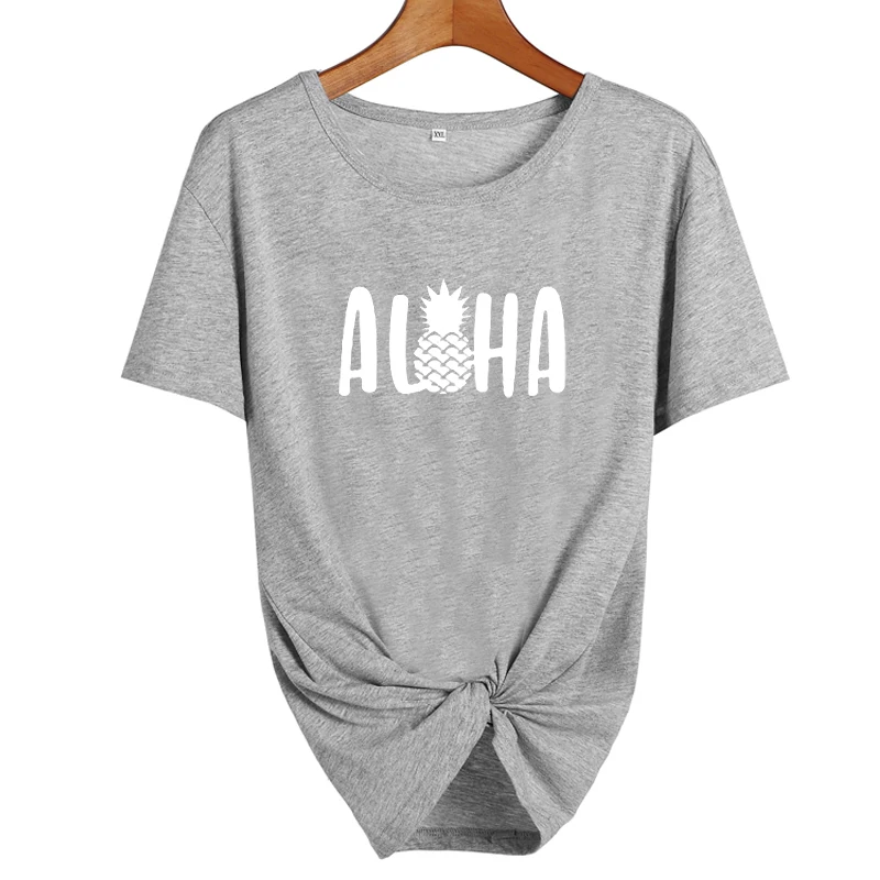 Надпись "Алоха Гавайи" Harajuku tumblr футболка летние хлопковые топы женские футболки с принтом ананаса каникулы Графические футболки черные белые футболки - Цвет: gray-white
