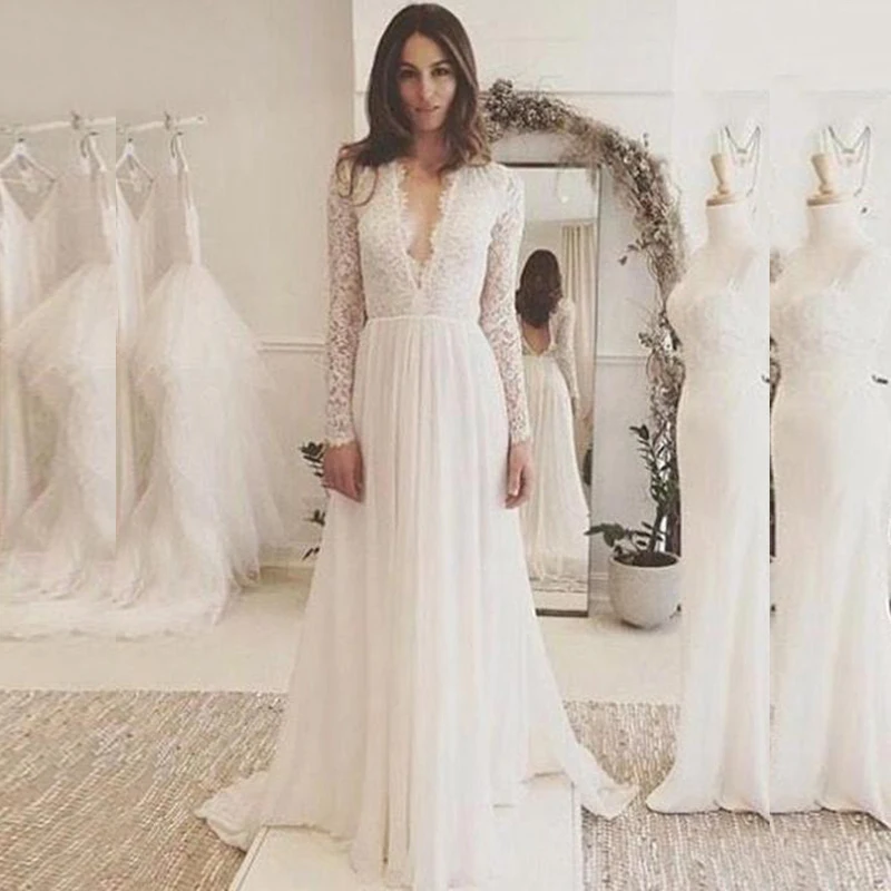 

Очаровательное свадебное платье невесты, кружевное, с длинным рукавом, с глубоким V-образным вырезом, с открытой спиной, со шлейфом, 2021