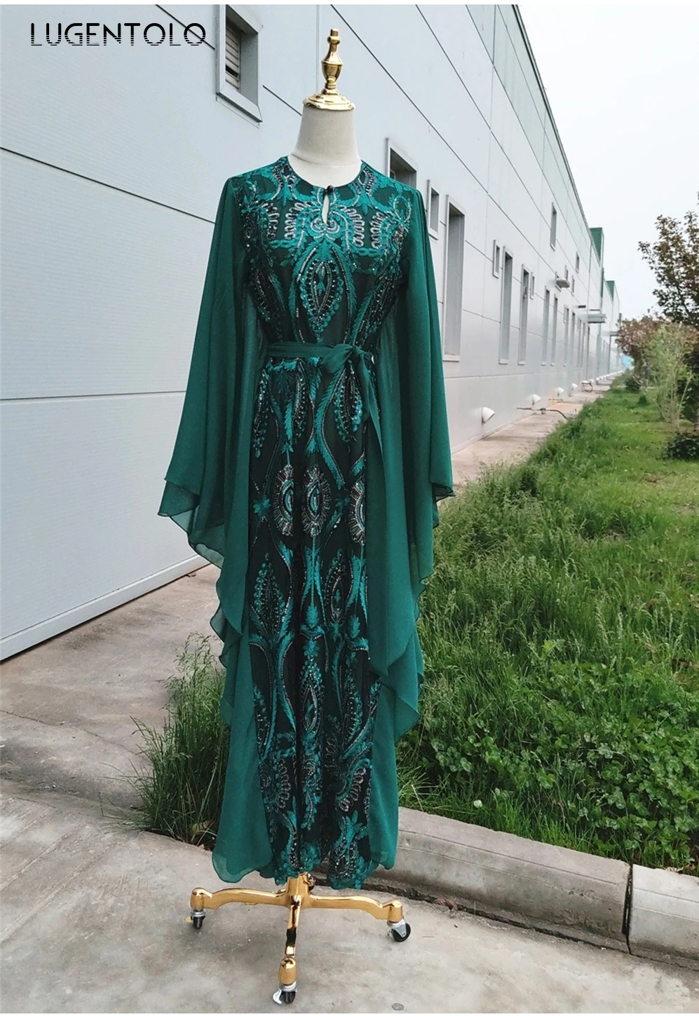 

Lugentolo Party Holiday Women Elegant Dress Embroidered Print Dress Fashion Muslim Dinner Butterfly Sleeve Lady Loose Dresses