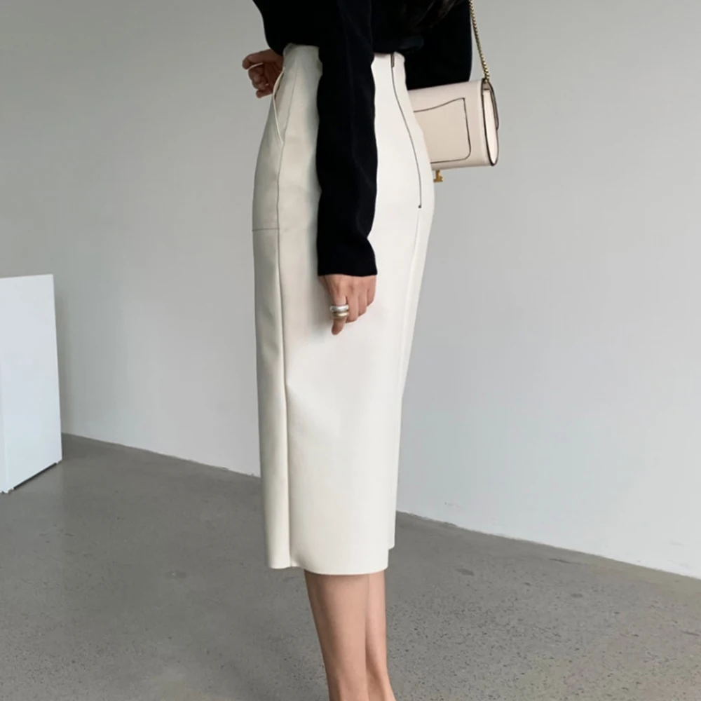 Элегантная юбка карандаш из искусственной кожи с высокой талией и мехом женские