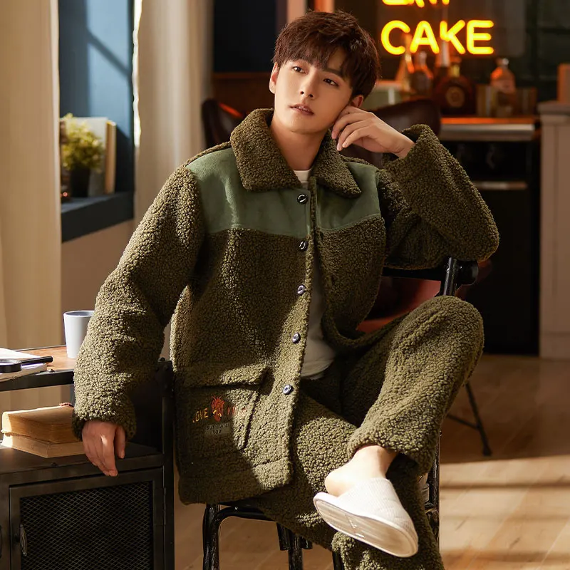 Winter Men's Winter Coral Flannel Personalized Fashion Turn-down Colar Homewear Pajamas Set