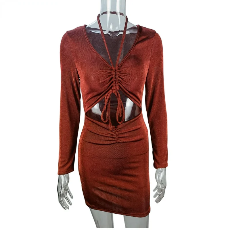 

2021 Autumn New Long-Sleeve Dress Women Bandage Ruched Bodycon Dresses Women Halter Mini Dress Sexy Party Dress Night Club Wear