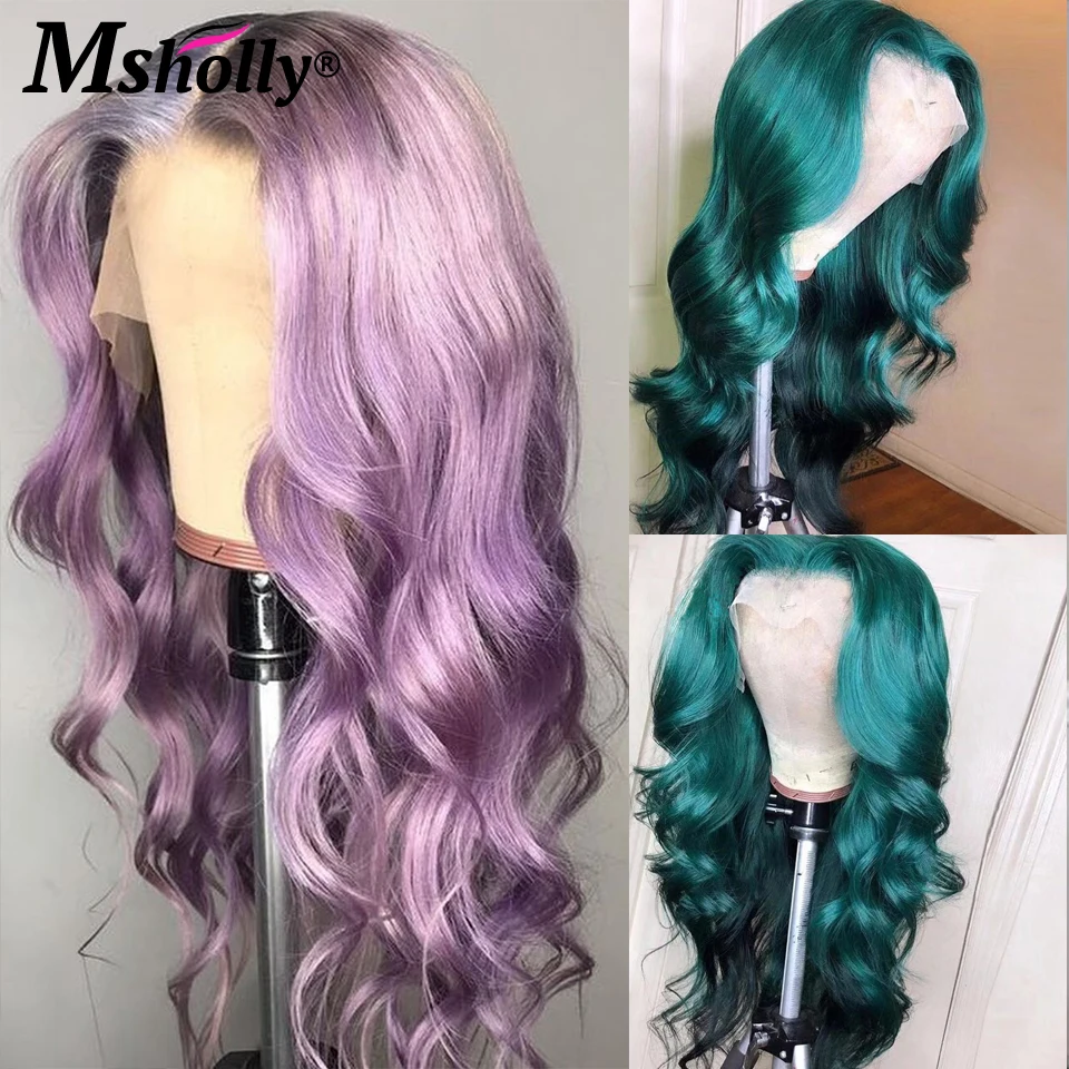 

HD Transparent Wavy Ombre Lace Front Wig Colored Remy Human Hair Wigs For Black Women Green Purple Brazilian Glueless Wigs