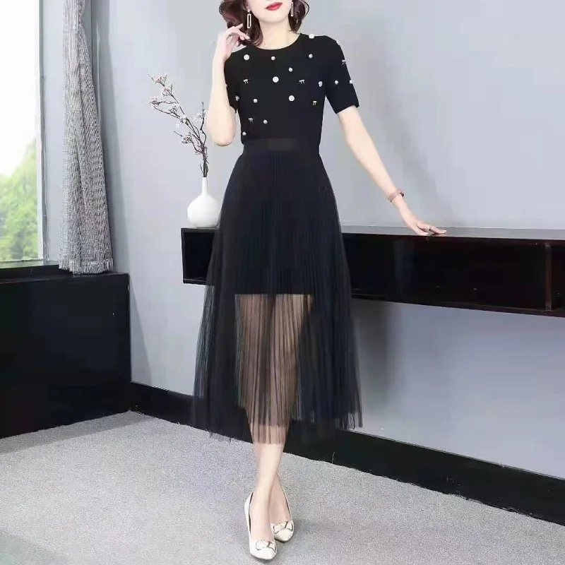 High Quality Sweater Sets 2021 Autumn Skirt Suit Women Beading Deco Long Sweater Dress+Sexy Tulle Mesh Long Skirt Set Casual