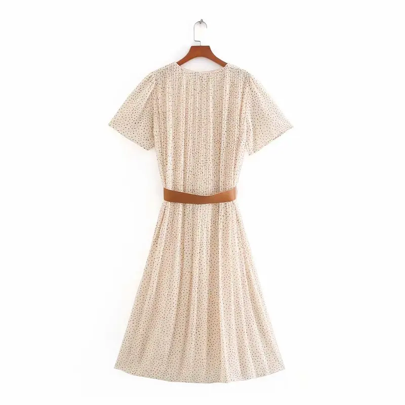2020 women v neck print casual pleated dress female short sleeve sashes chiffon vestidos chic leisure party wear | Женская одежда