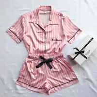 pajamas for women sleepwear summer pajama set pink turn down collar faux silk satin short sleeve casual female pijama home wear