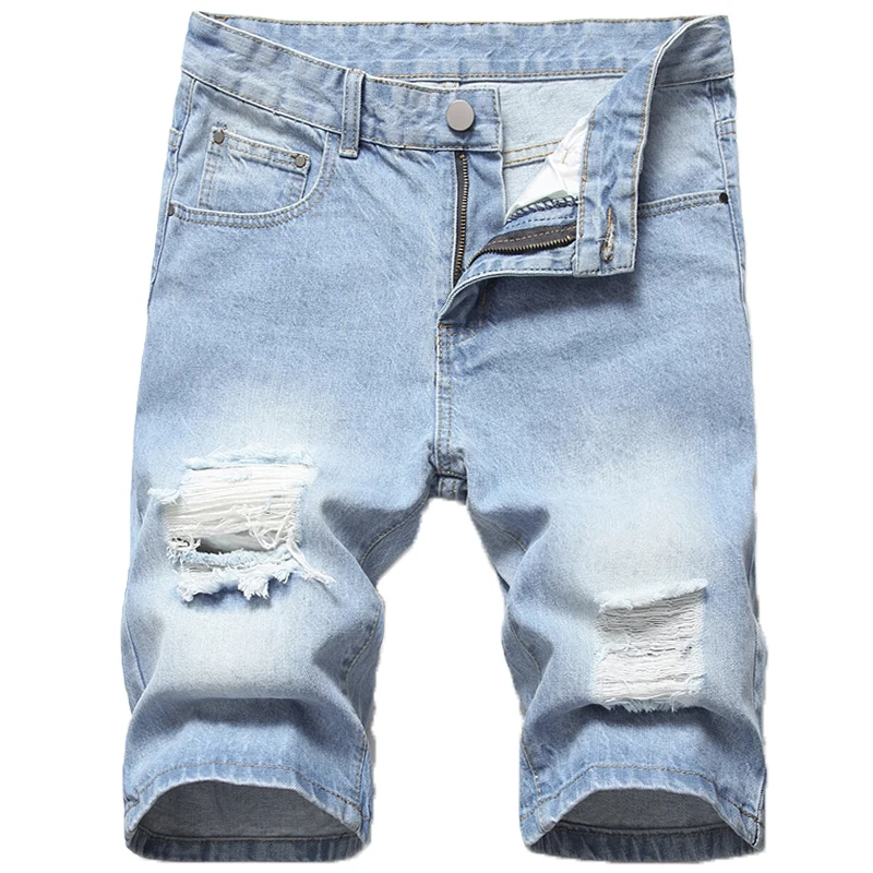 Летние модные мужские рваные короткие джинсы синие брюки до колена известная