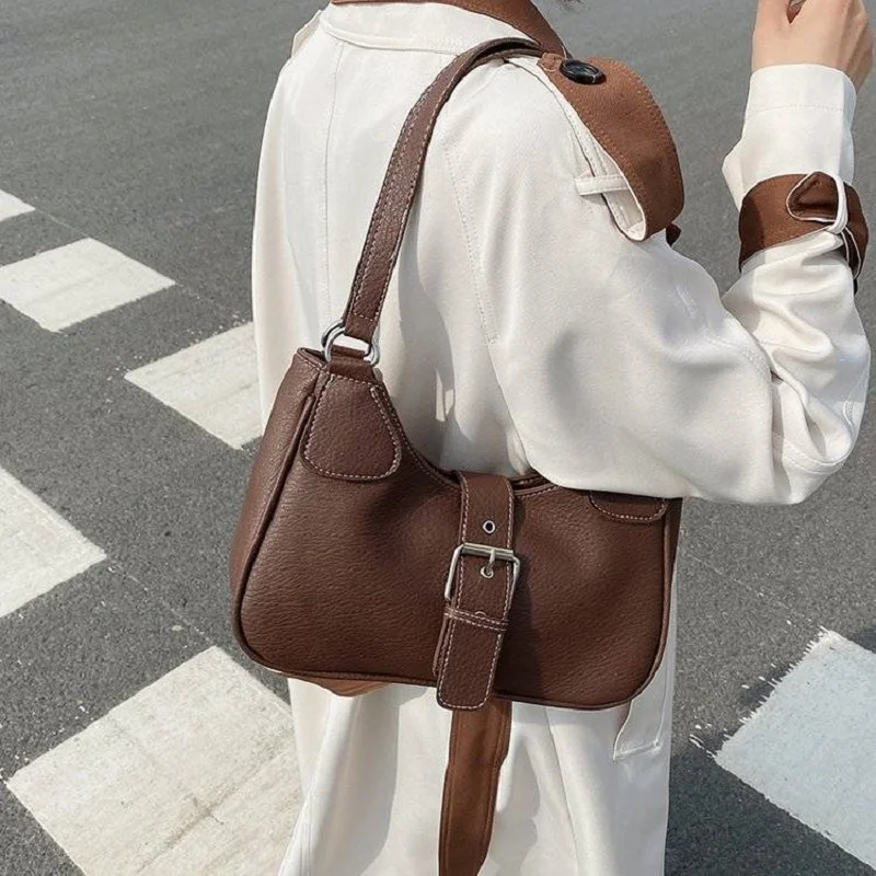 

Retro Soft Leather Baguette Bag For Women Winter Fashion 2021 Women'S Shoulder Strap Handbag Luxury Designer Brown Shoulder Bags