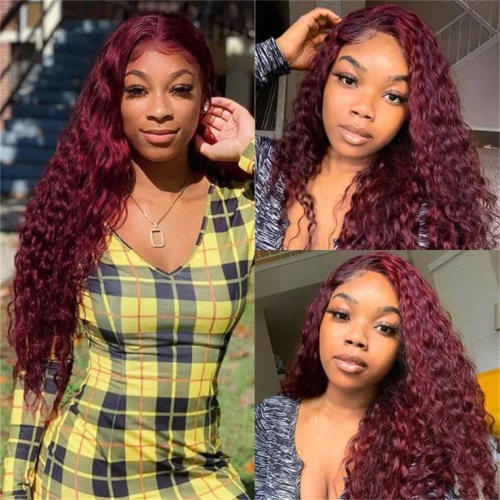 

99j Red Brazilian Straight Colored Human Hair Middlle Part Lace Wigs Pre-Plucked 150% Density Remy Body and Curly wave For Women