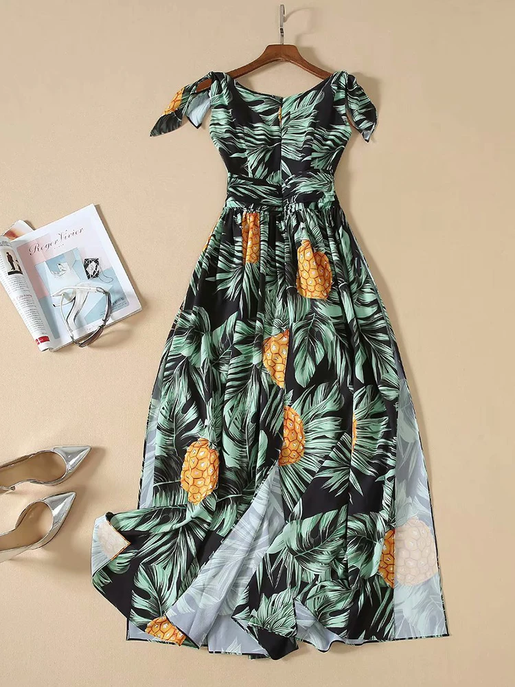 

Tight shoulder strap retro printing pineapple pattern women's summer dress women's summer irregular personality big swing dress