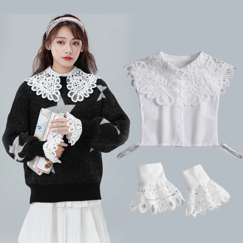 

Women 2 Pieces Large Lapel False Collar with Fake Sleeves Wristband Set Elegant Hollow Out Lace Detachable Half Shirt Decoration
