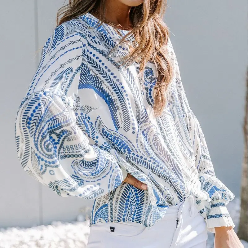 

Women Autumn Lantern Sleeve Loose Shirts Bohemian Vintage Floral Print Striped Pullover Tops O-Neck Elegant Beach Vacation Blous