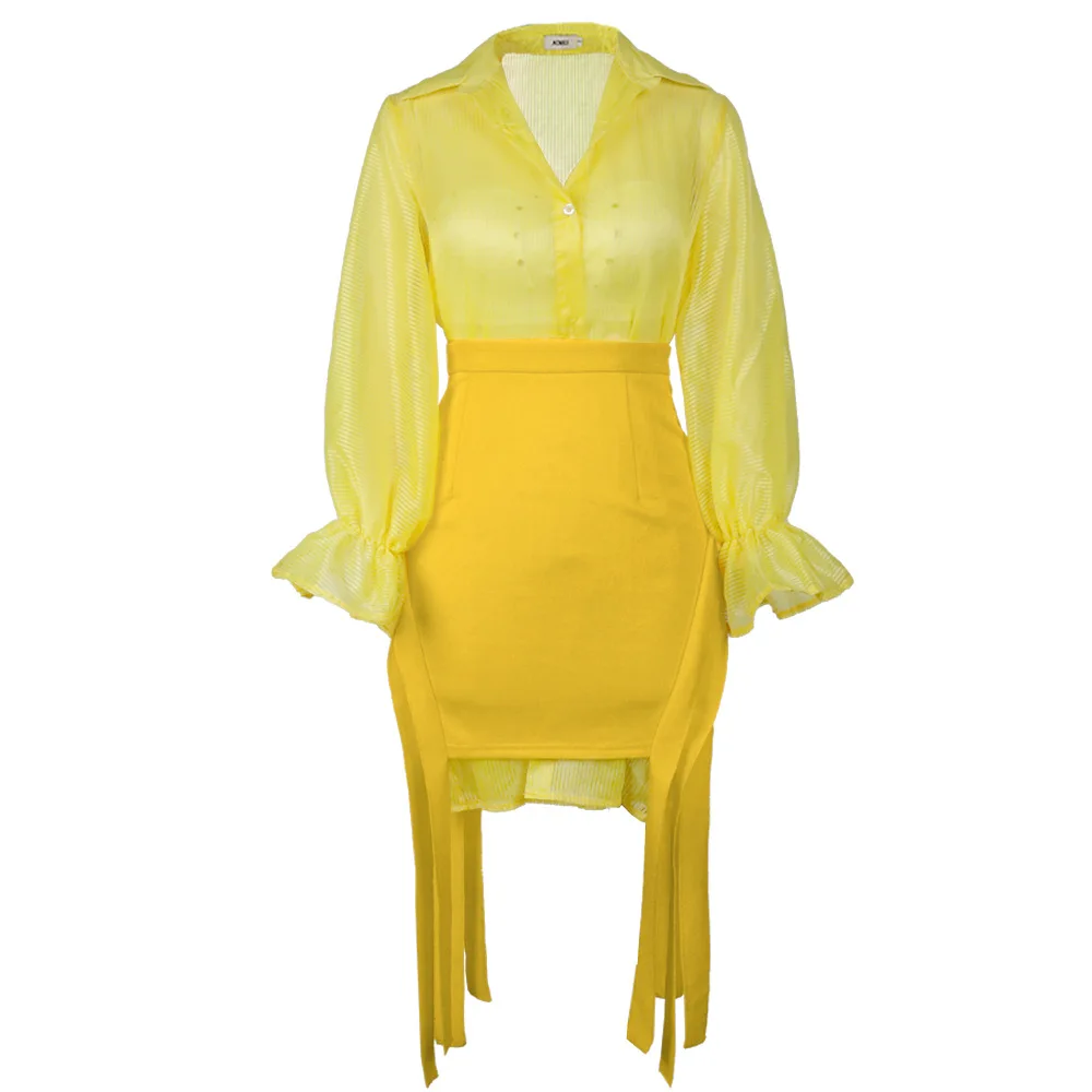 

Autumn Sexy 2021 African Women Long Sleeve Yellow Color Two Pieces Sets Shirt and Skirt African Clothes Women African Clothing
