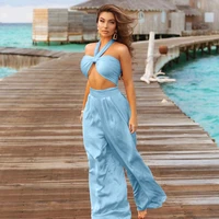 two piece set sexy bandage crop top and wide leg pants women urbano conjuntos de mujer summer autumn outfits vetement femme 2021