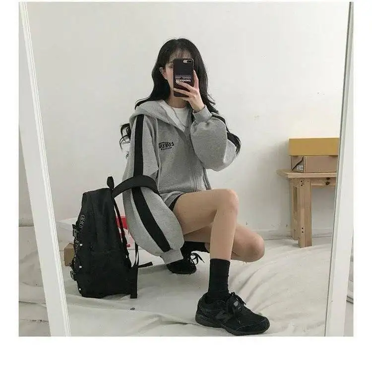 

Ladies Autumn Hoodie Gray Jacket Women's Casual Loose Sports Long Sleeve Drawstring Pocket Jacket Cardigan Top Street Tops Crop