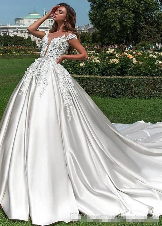 Элегантные атласные свадебные платья 2019 бальное платье с коротким рукавом