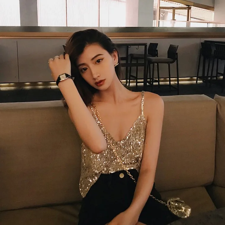 Новый стиль Весна лето 2021 Блестящий жилет в южнокорейском стиле с сексуальной