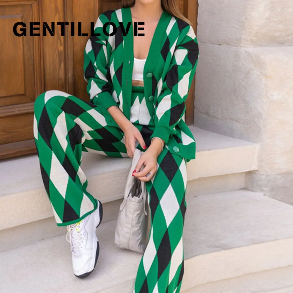

Повседневные костюмы из двух предметов с широкими штанинами, элегантный клетчатый свитер с геометрическим узором, кардиган и брюки, женская зимняя трикотажная одежда