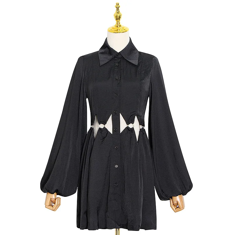 

New fashion temperament lapel lantern metal stitching sexy hollow design short dress women