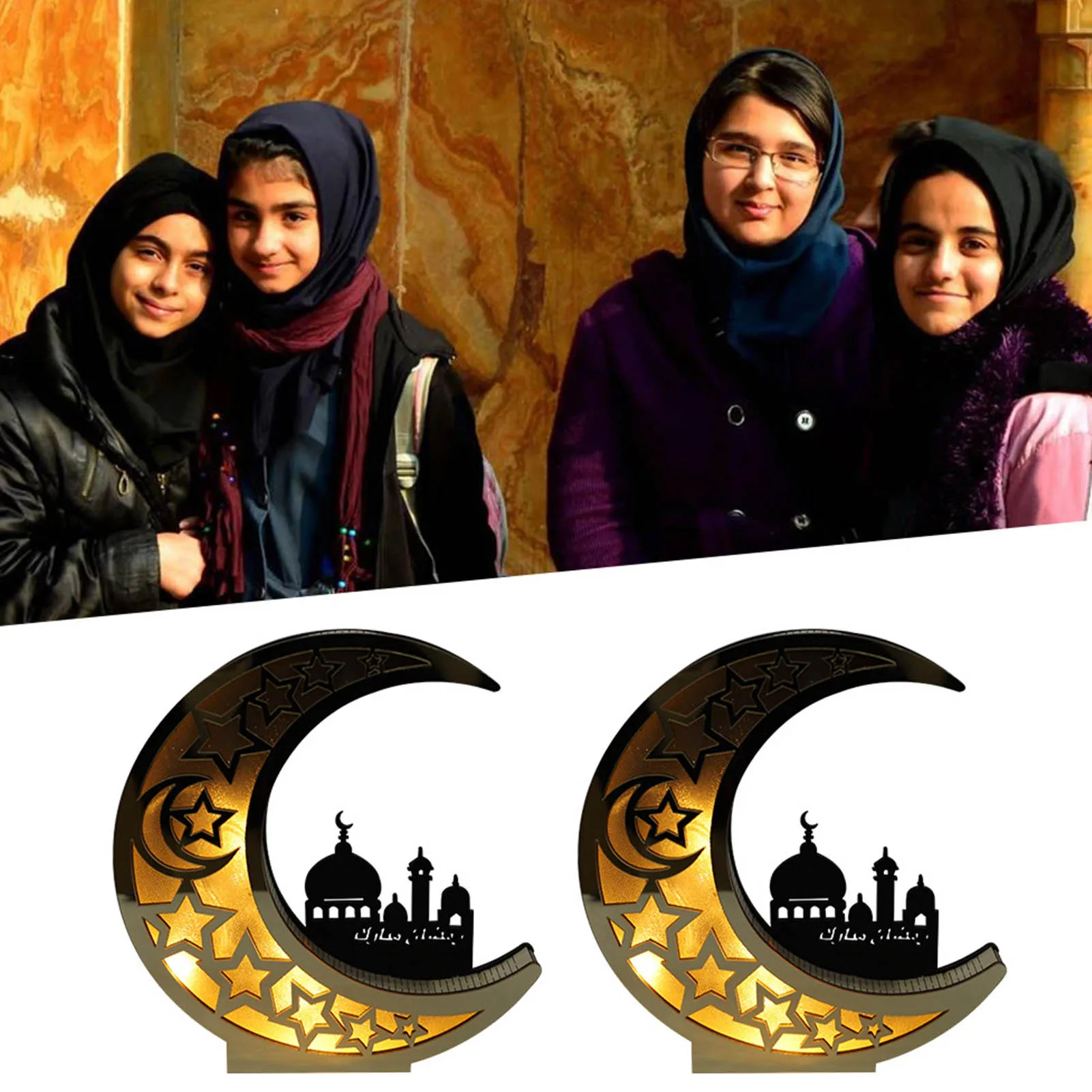 

Ramadan Led Night Light EID Mubarak Wood Moon Shape Ornament Decor For Home Islam Muslim Event Party Home Decor